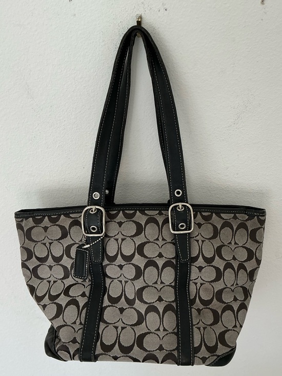 Coach Handbags - Coach Signature Canvas Tote Bag Brown Black Leather Trim Style 6042